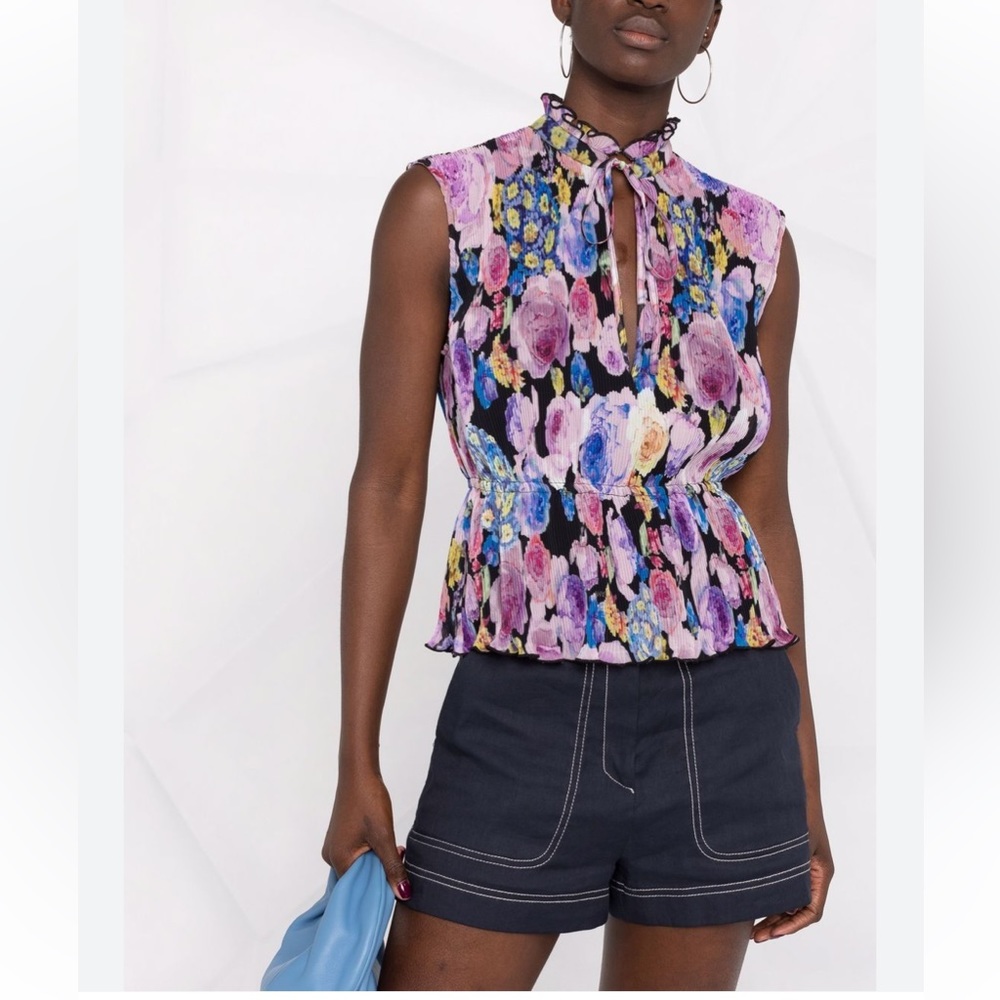 Ganni Floral Sleeveless Ruffled Neck Top in Black, Pink, Purple